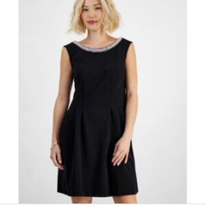 Connected Petite Embellished Scoop-Neck Dress - Black
